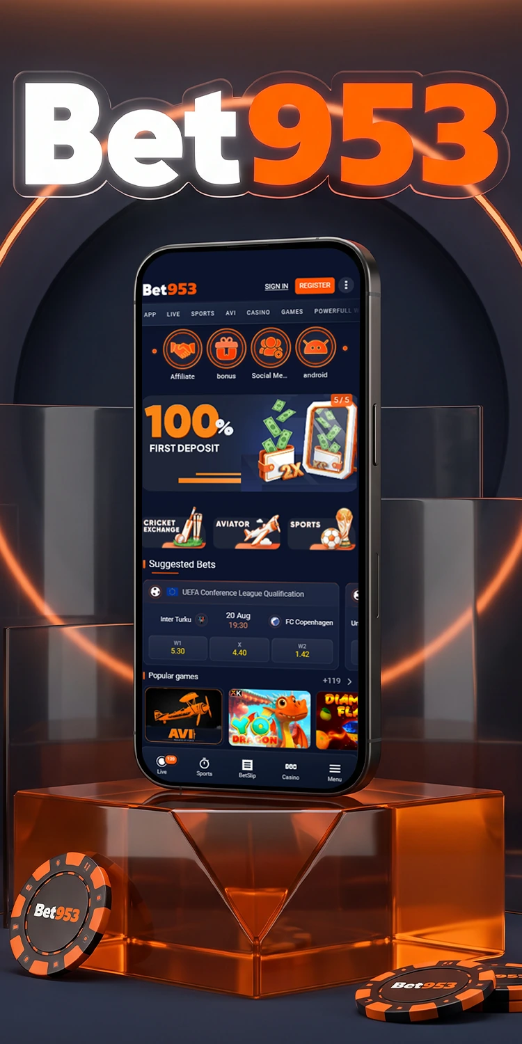 BET953 mobile sports betting and casino interface